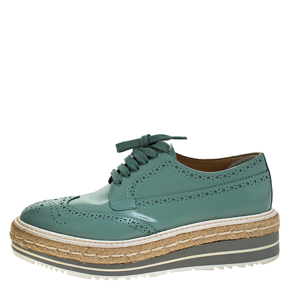 

Prada Green Brogue Leather Platform Espadrille Derby Sneakers Size