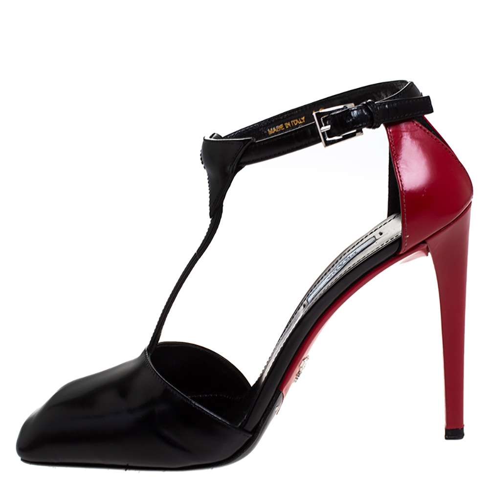 

Prada Red/Black Leather Square Toe Ankle Strap Pumps Size