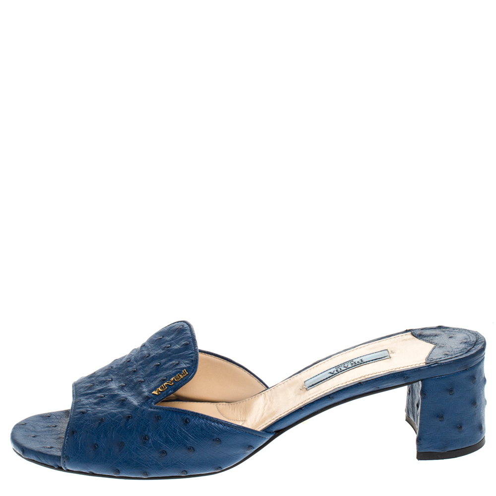 

Prada Dark Blue Ostrich Leather Slide Sandals Size