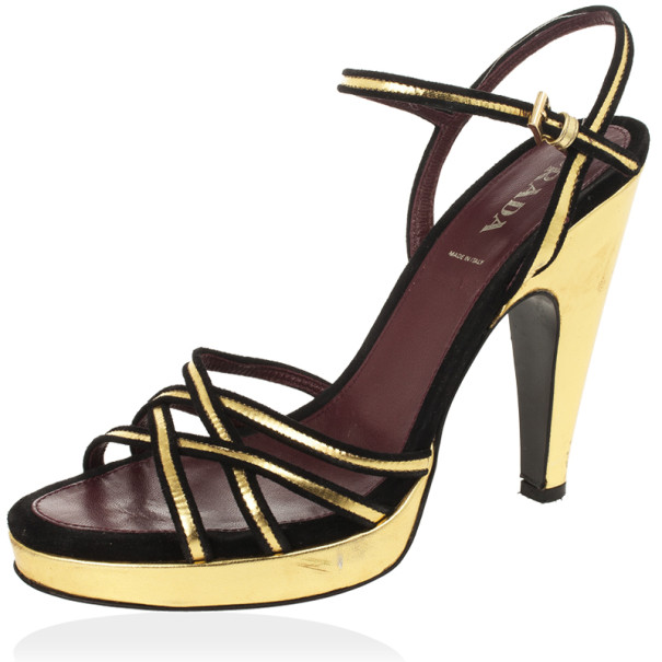 Pre Owned Prada Black & Gold Strappy Sandals Size 41