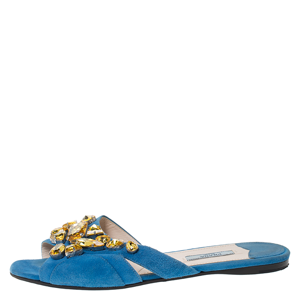 

Prada Blue Suede Crystal Embellished Flat Slides Size