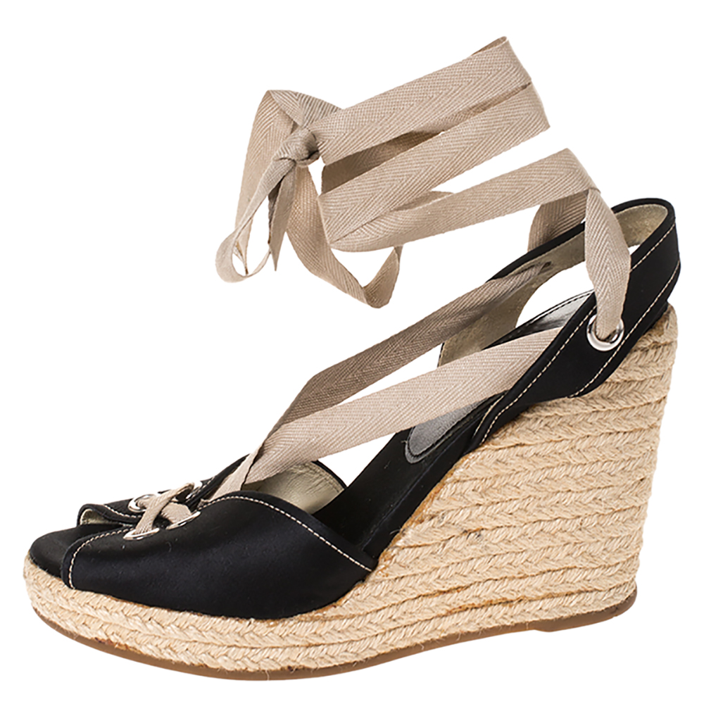 

Prada Black Satin Espadrille Wedge Platform Ankle Wrap Sandals Size