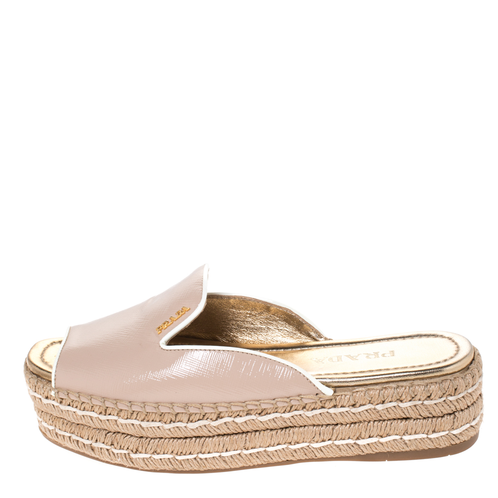 

Prada Beige Patent Leather Espadrille Platform Slides Size