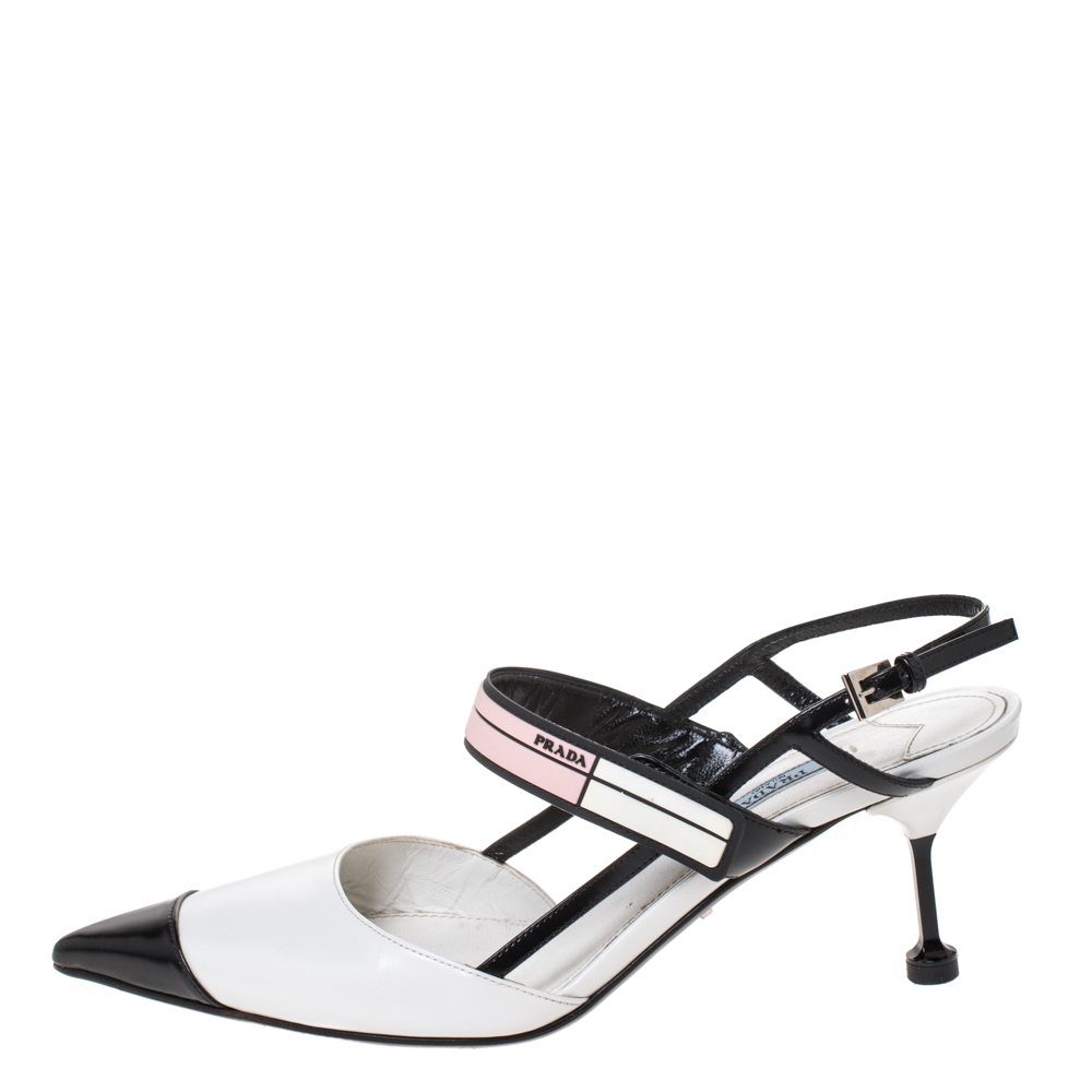

Prada White/Black Leather Pointed Toe Slingback Sandals Size