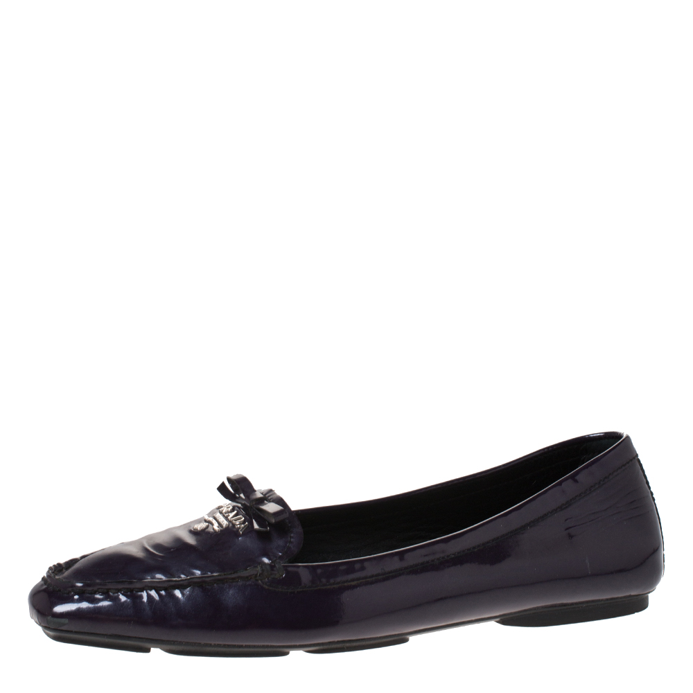 Pre Owned Prada Purple Patent Leather Bow Loafer Ballet Flats Size 38