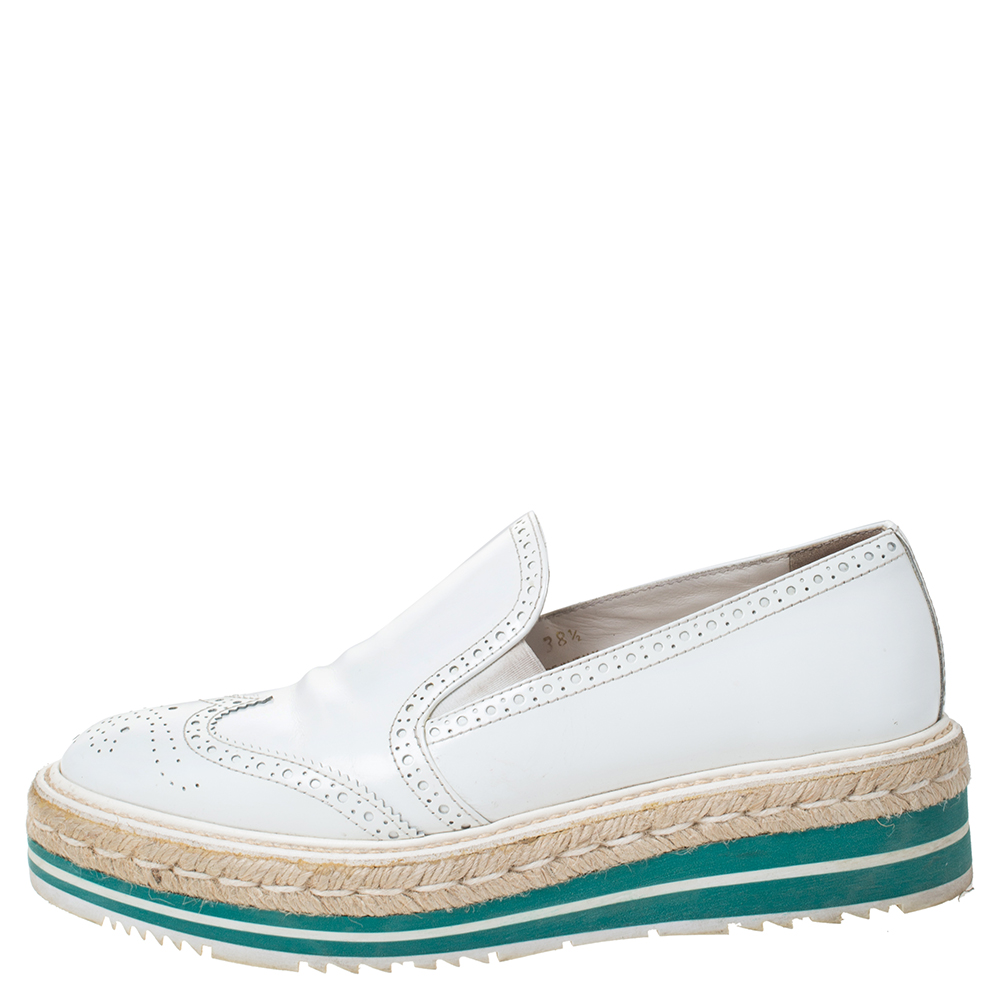 

Prada White Brogue Leather Espadrille Platform Flat Loafer Size