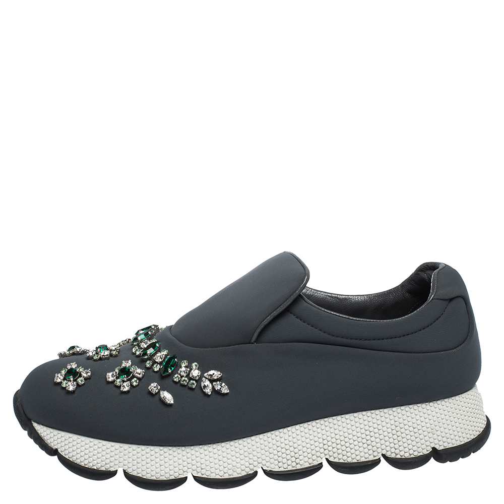 

Prada Grey Stretch Fabric Crystal Embellished Sneakers Size