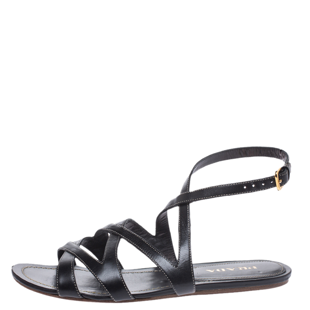 

Prada Black Leather Strappy Ankle Strap Flat Sandals Size