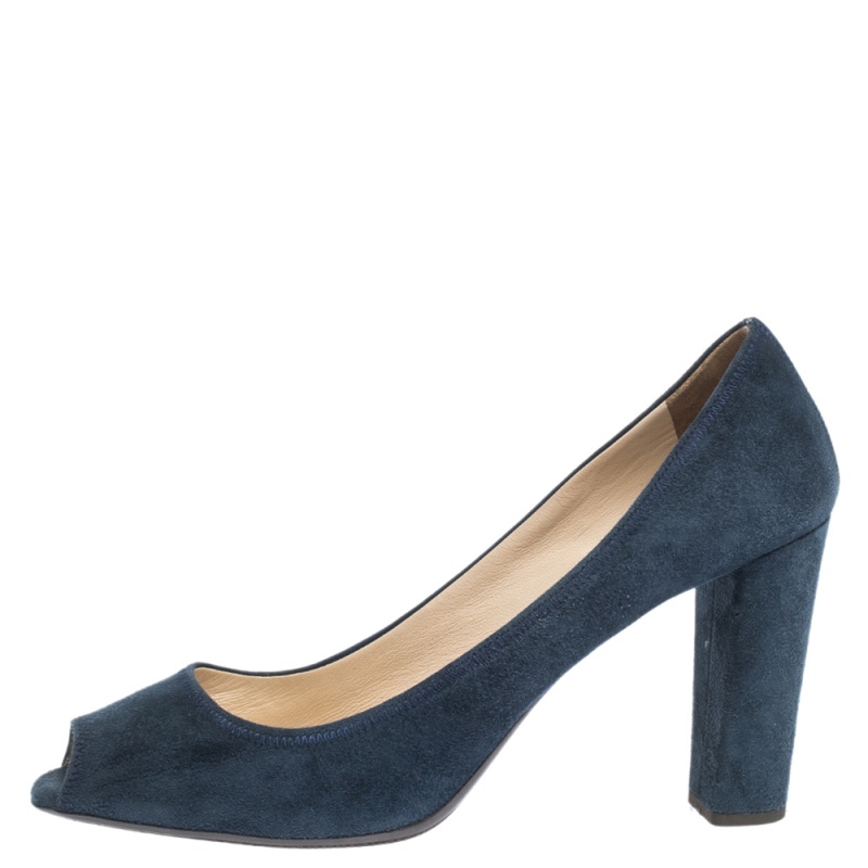

Prada Blue Suede Block Heel Peep Toe Pumps Size