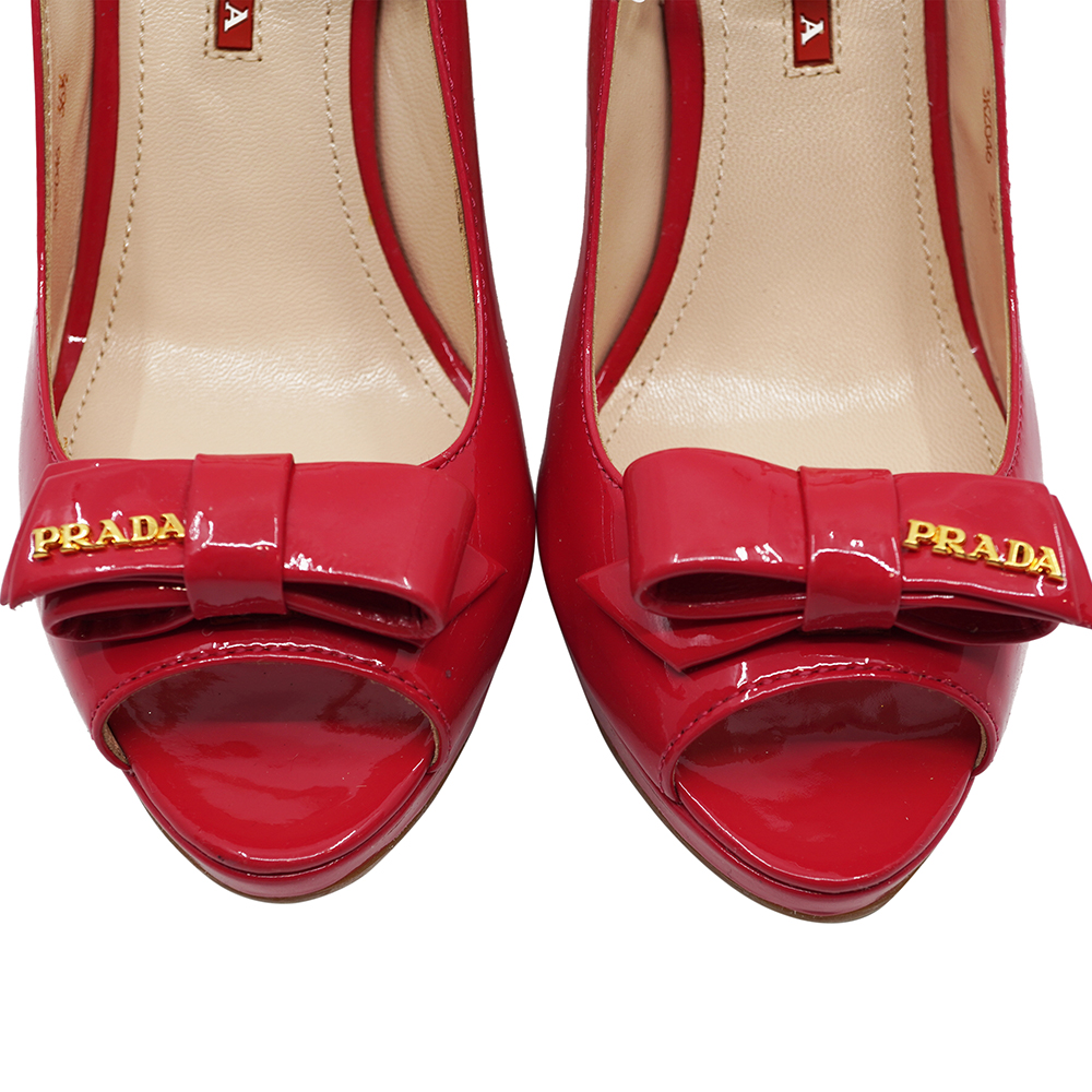 

Prada Red Patent Leather Open Toe Bow Slingback Wedges Size