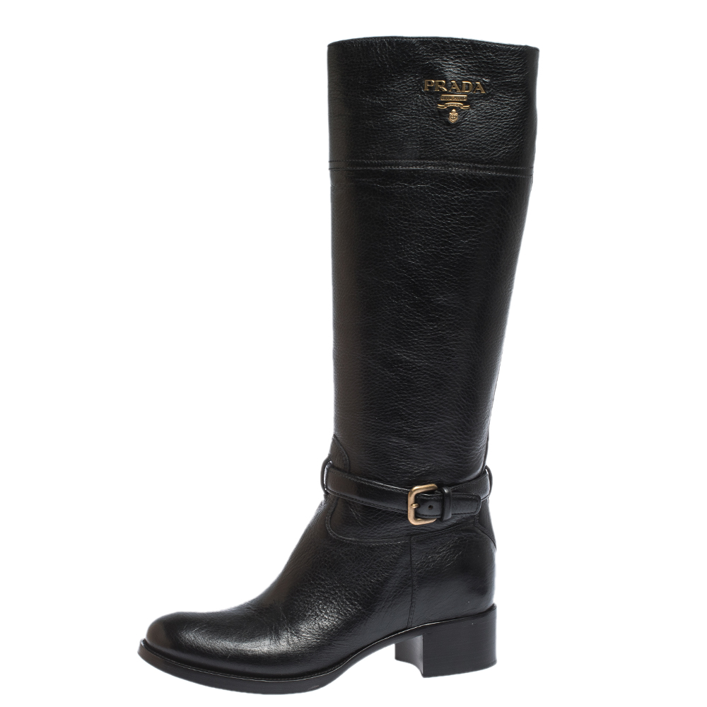 

Prada Black Leather Knee Length Buckle Strap Boots Size