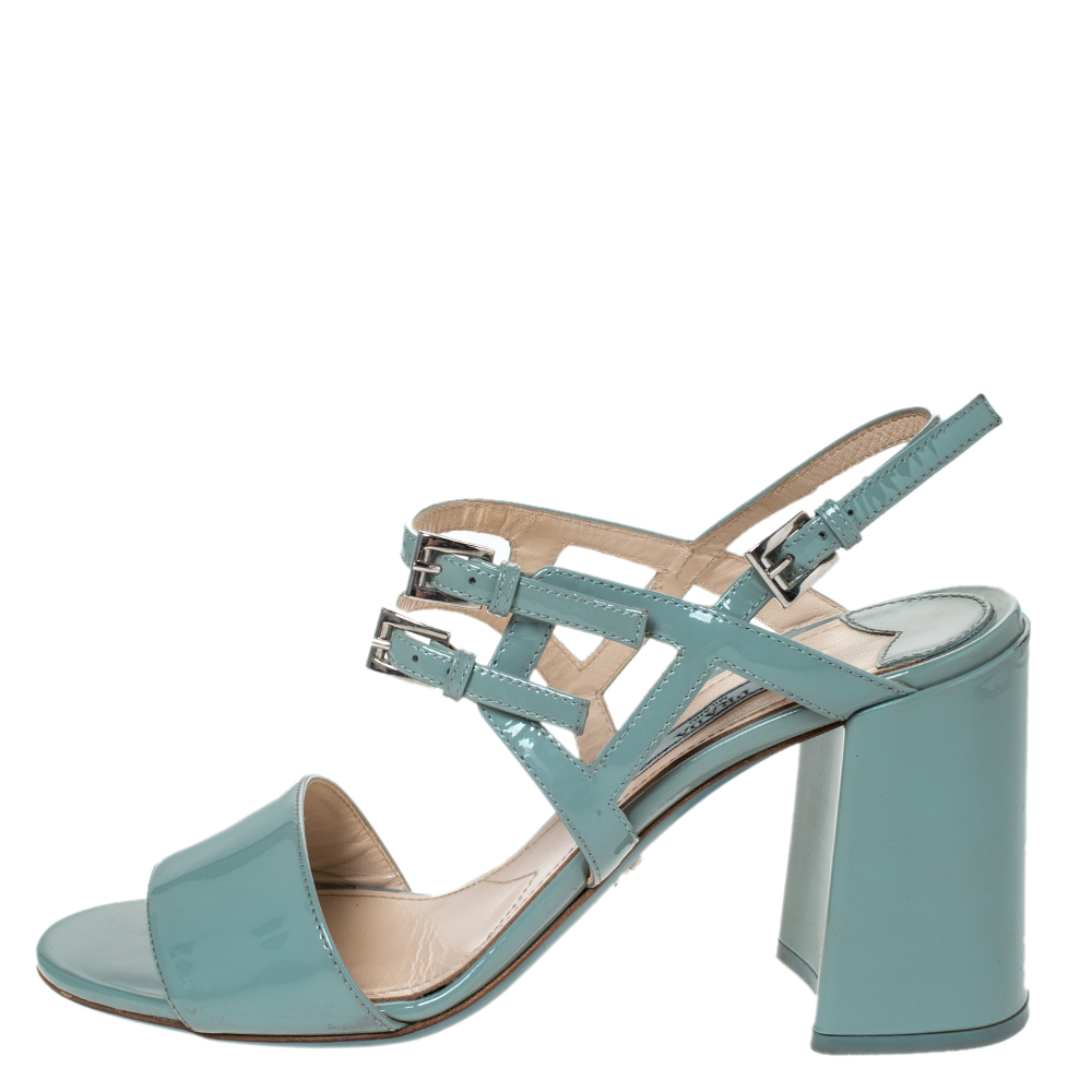 

Prada Pale Blue Patent Multiple Buckle Strap Block Heel Sandals Size