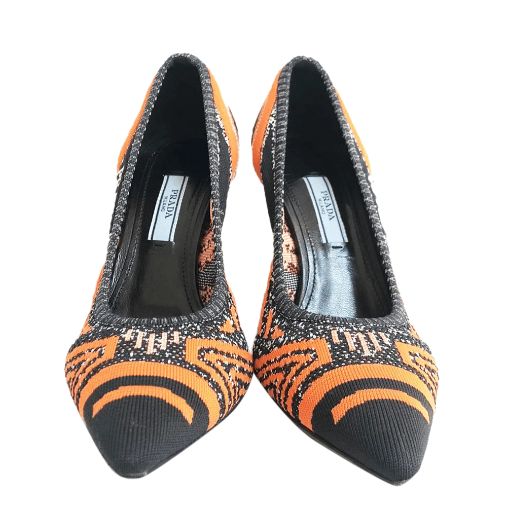 

Prada Black/Orange Knit Fabric Pointed-Toe Pumps Size