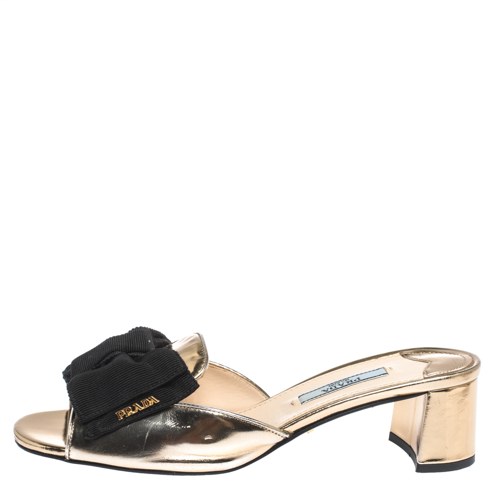 

Prada Metallic Gold Leather With Black Grosgrain Bow Open Toe Sandals Size