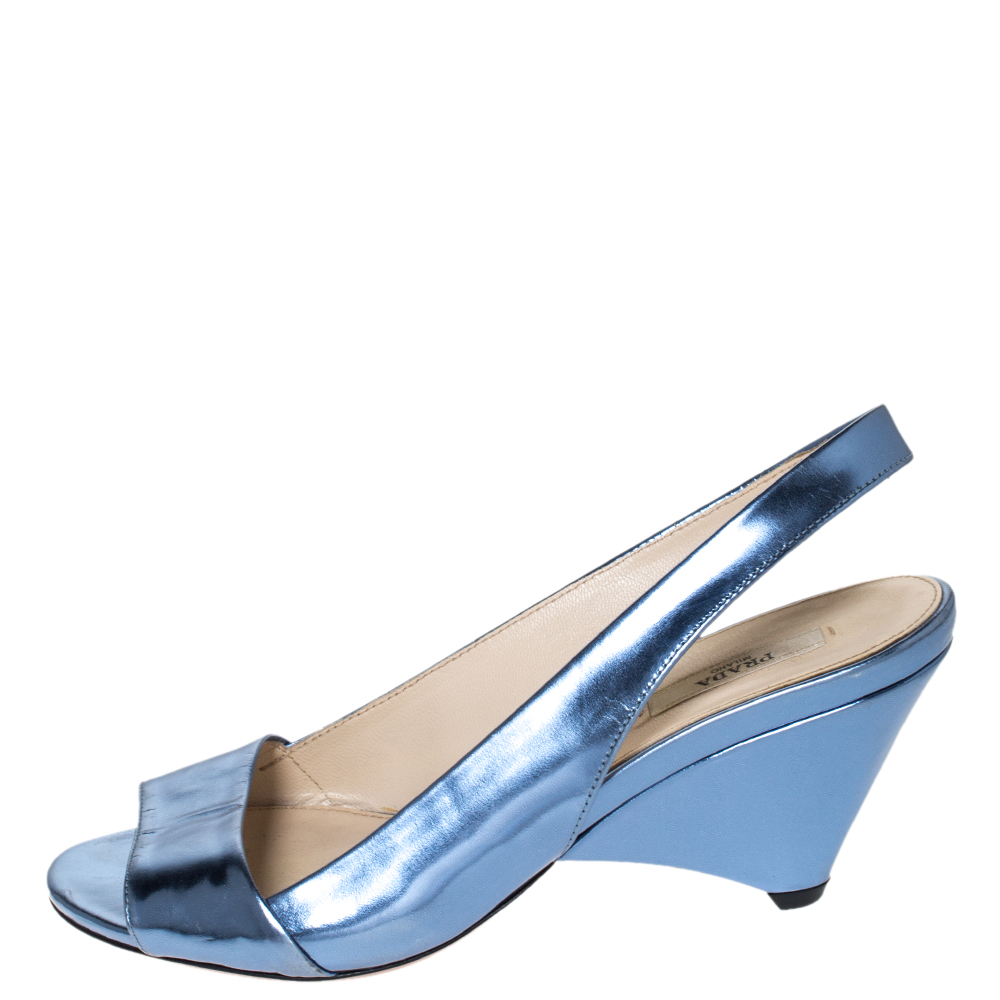 

Prada Metallic Blue Leather Open Toe Slingback Wedge Sandals Size