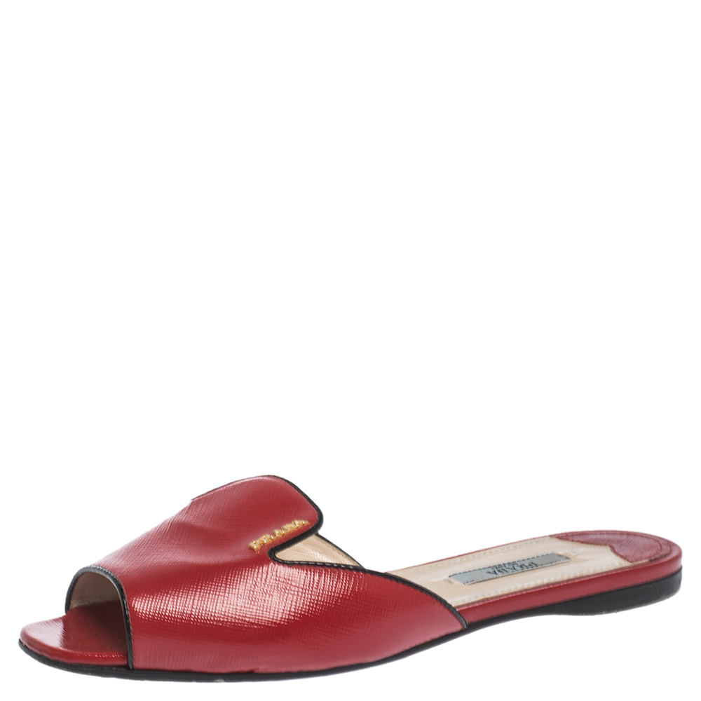 Prada Red Patent Saffiano Leather Logo Embellished Flat Slides