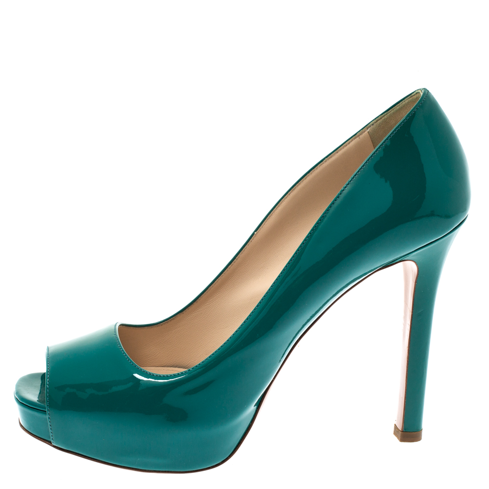 

Prada Teal Green Patent Leather Peep Toe Platform Pumps Size