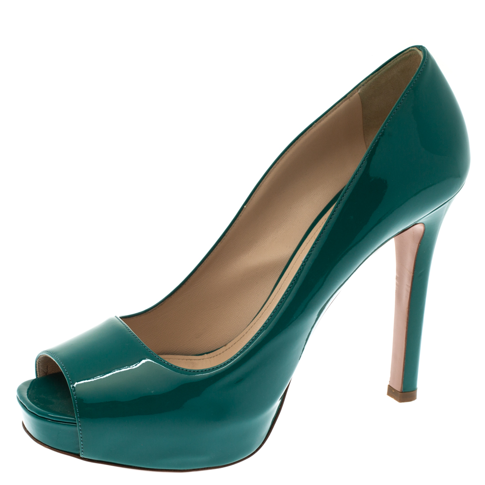 Pre Owned Prada Teal Green Patent Leather Peep Toe Platform Pumps Size 40