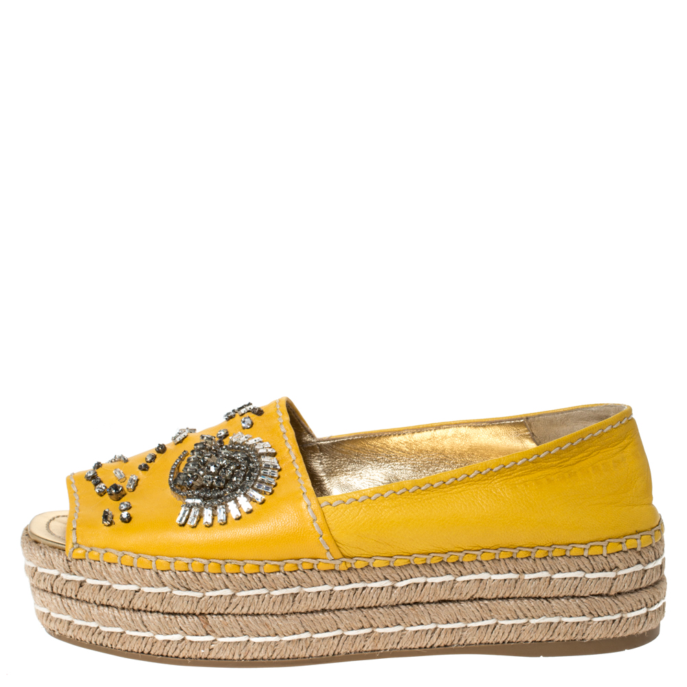 

Prada Yellow Leather Crystal Embellished Peep Toe Platform Flat Espadrilles Size