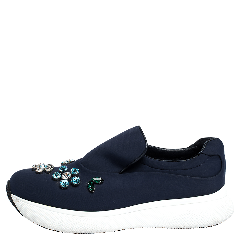 

Prada Navy Blue Fabric Crystal Embellished Slip On Sneakers Size