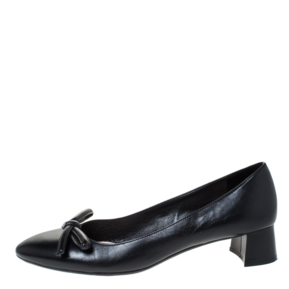 

Prada Black Leather Bow Detail Block Heels Pumps Size