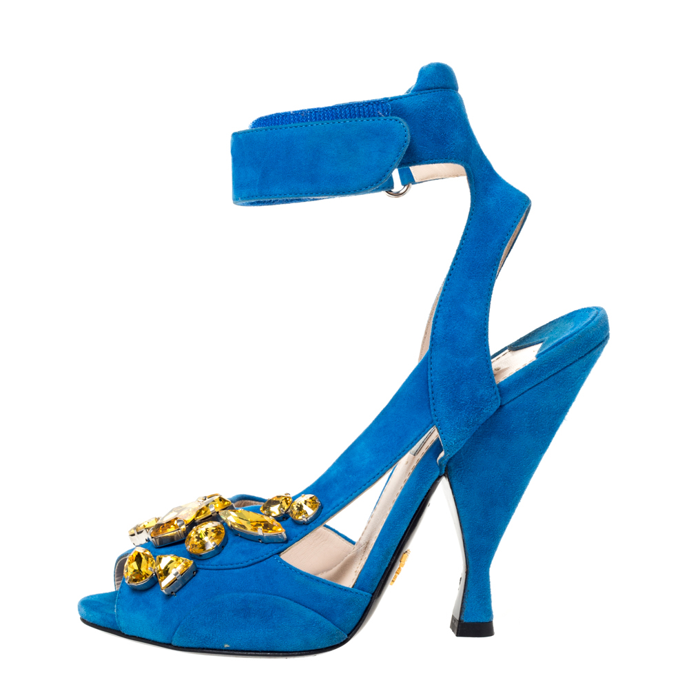 

Prada Blue Suede Crystal Embellished Ankle Cuff Sandals Size