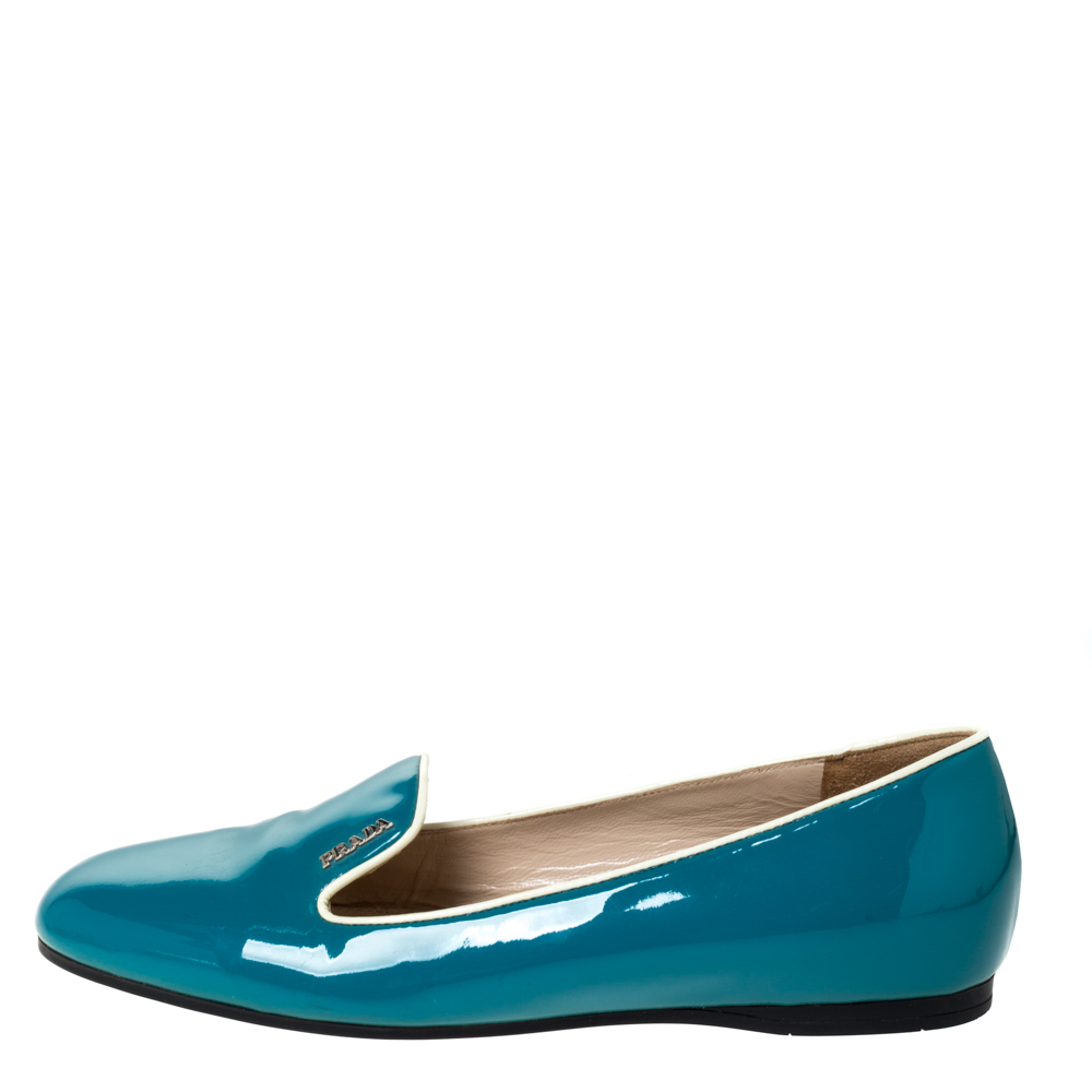 

Prada Teal Patent Saffiano Leather Smoking Slippers Size, Blue