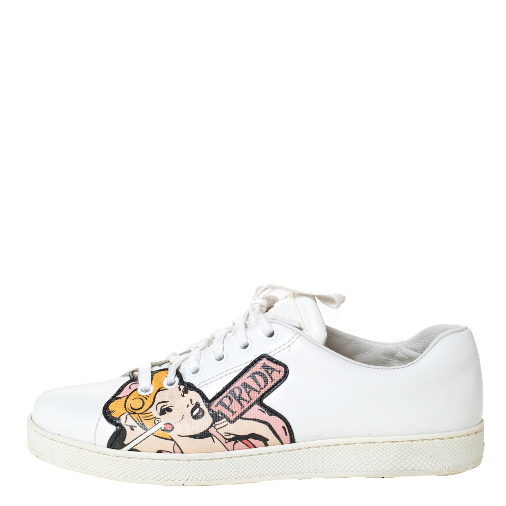 

Prada White Leather Comics Patch Lace Up Low Top Sneakers Size