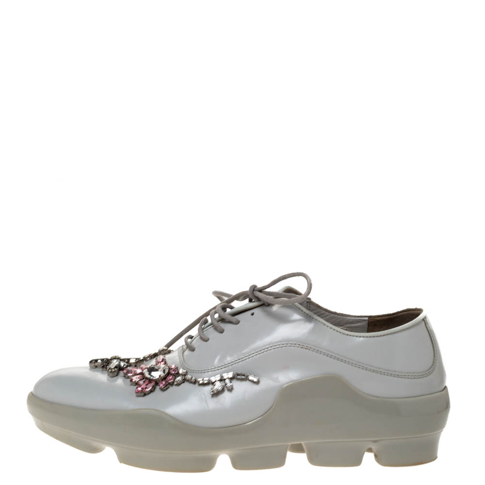 

Prada White Crystal Embellished Leather Lace Up Sneakers Size