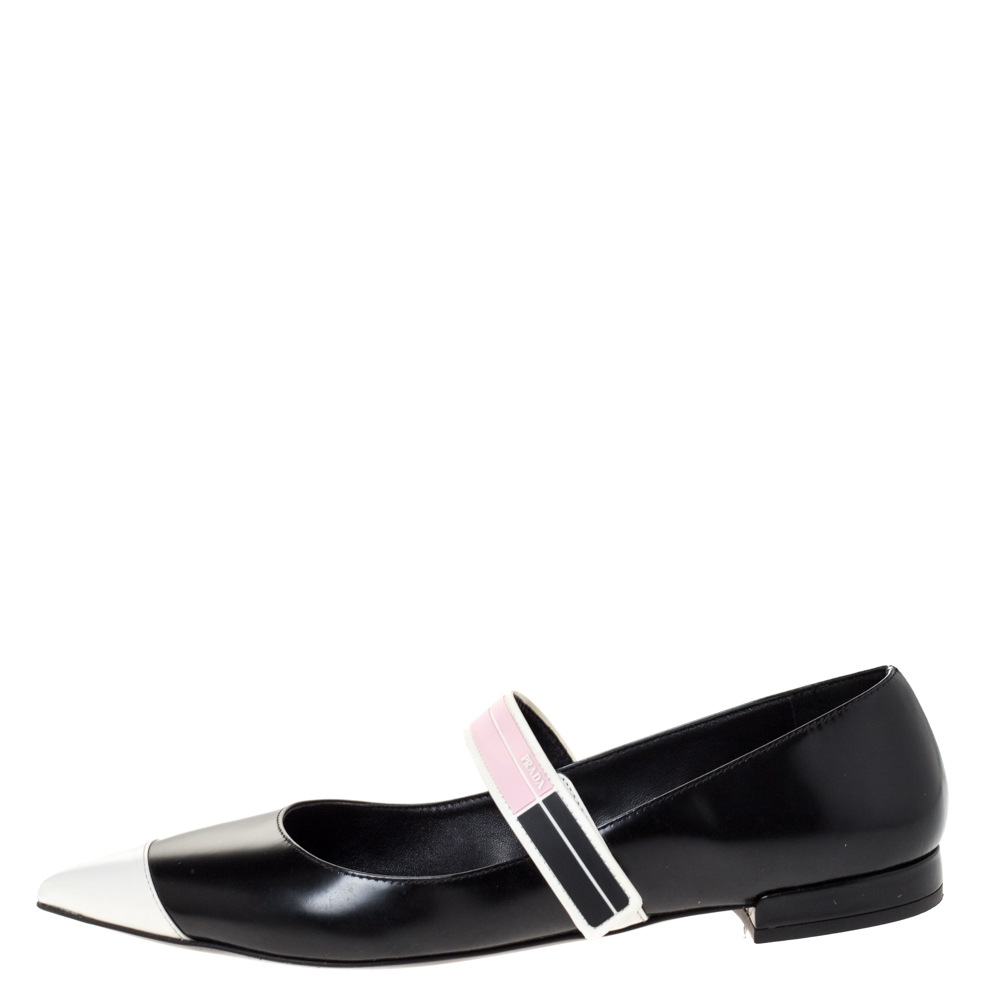 

Prada Black/White Leather Cap Toe Mary Jane Pointed Toe Flats Size