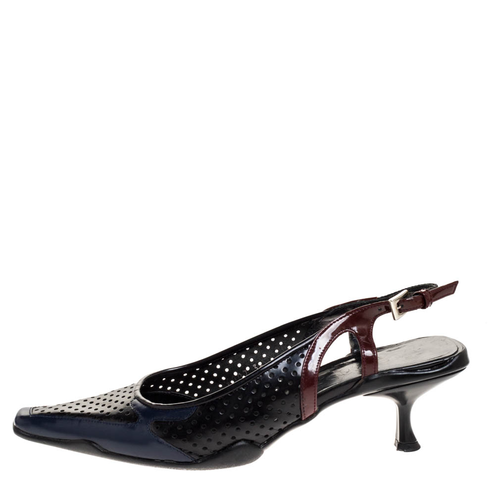 

Prada Tricolor Perforated Leather Square Toe Slingback Sandals Size, Black