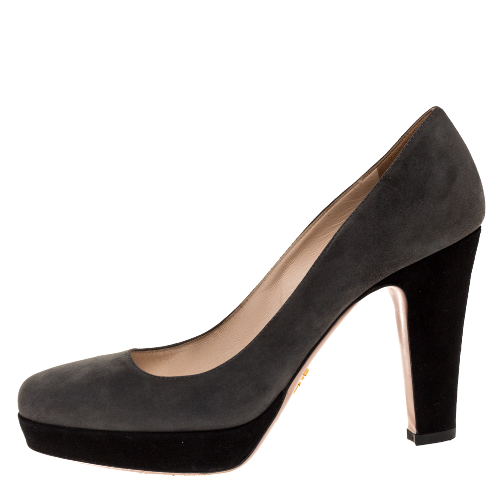 

Prada Grey/Black Suede Platform Square Toe Pumps Size