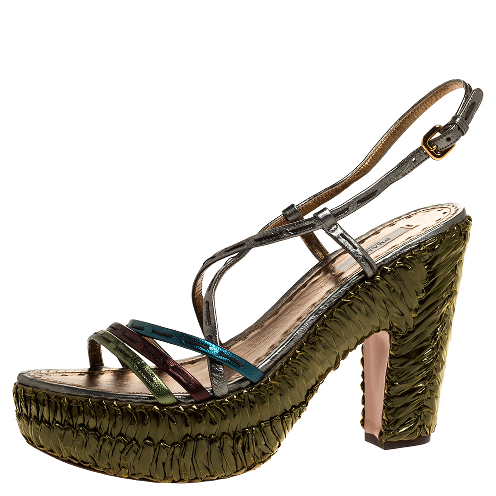 Pre Owned Prada Metallic Green Leather and Straw Strappy Platform  Sandals Size 40