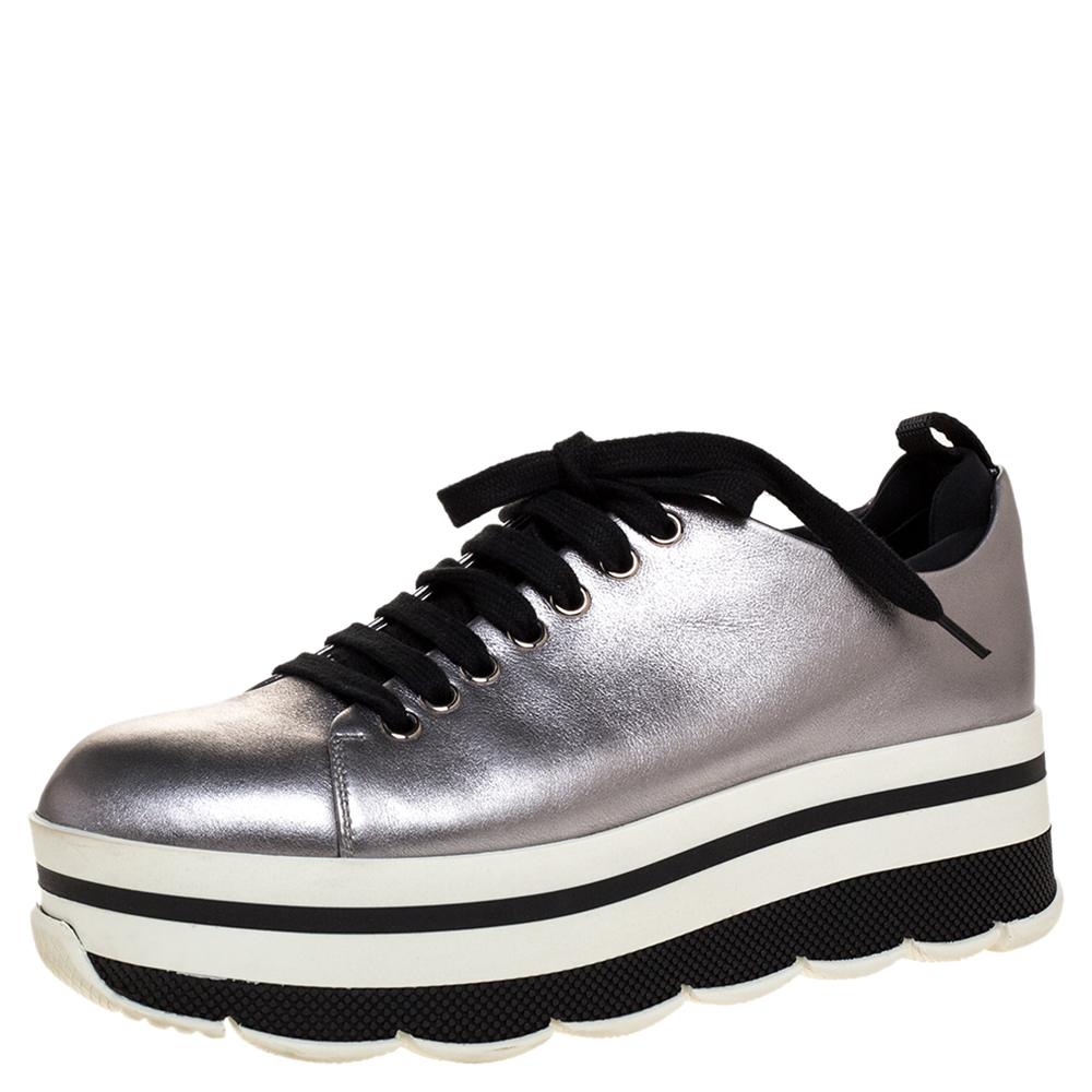 Prada Sport Metallic Silver Leather Lace Up Platform Sneakers Size 37 ...