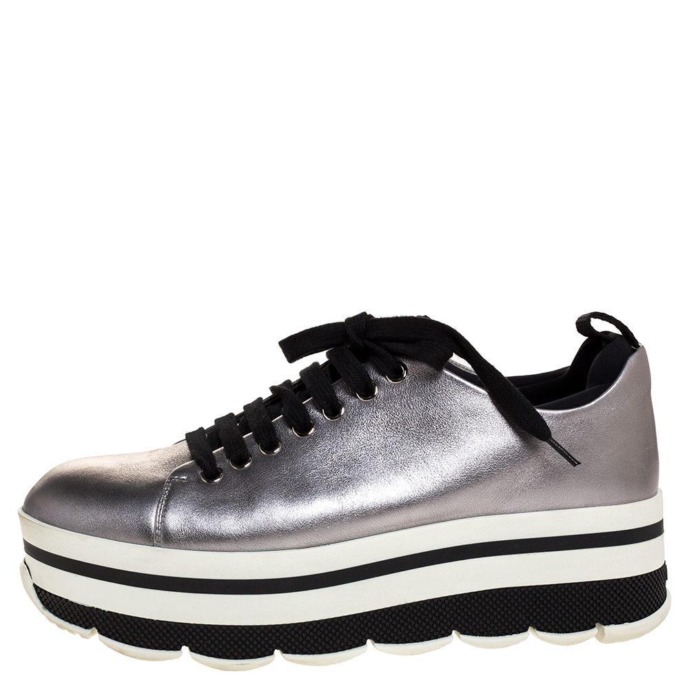 

Prada Sport Metallic Silver Leather Lace Up Platform Sneakers Size