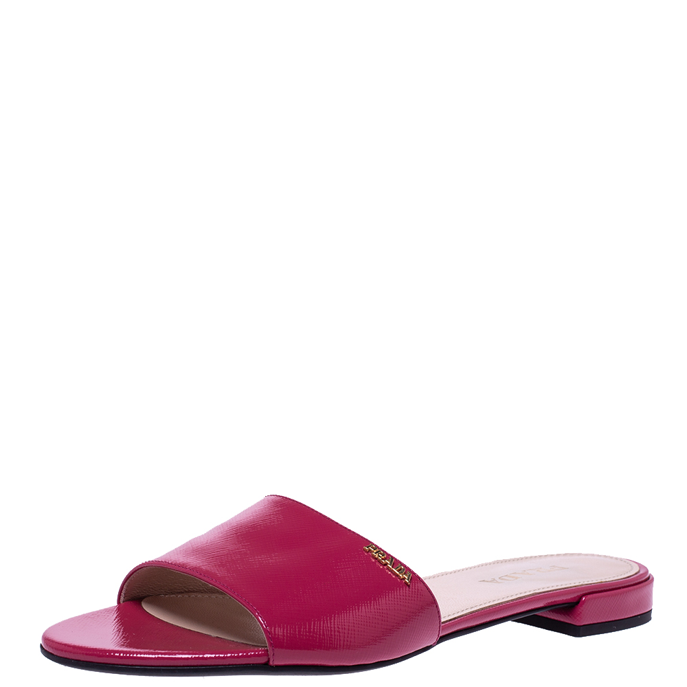 Pre Owned Prada Fuschia Pink Patent Leather Flat Slides Size 39