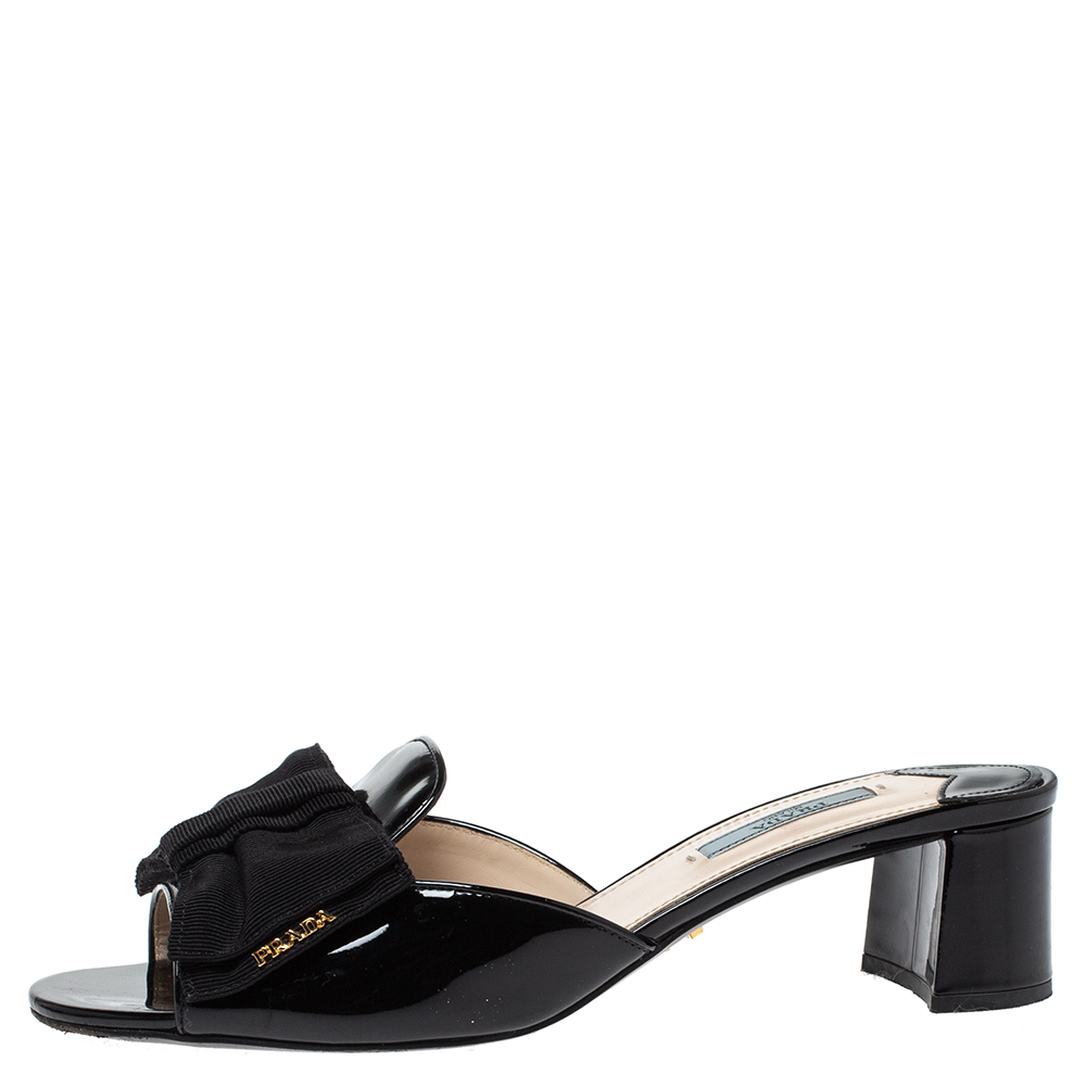 

Prada Black Patent Leather Bow Embellished Block Heel Slide Sandals Size