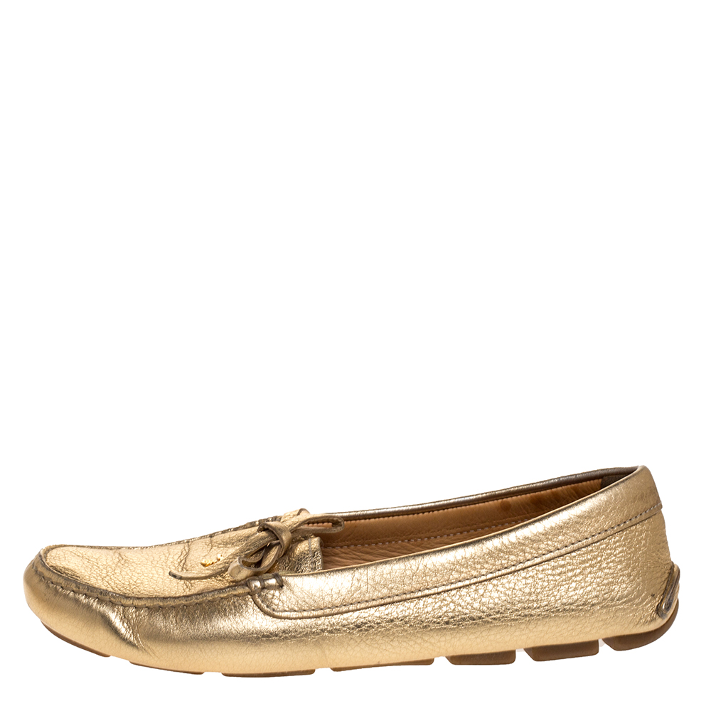 Prada Metallic Gold Leather Bow Slip On Loafers Size