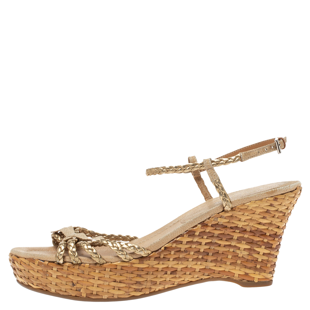 

Prada Bronze/Beige Braided Leather And Woven Raffia Wedge Ankle Strap Sandals Size