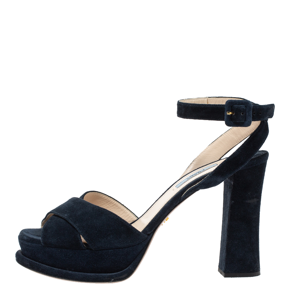 

Prada Navy Blue Suede Criss Cross Platform Ankle Strap Sandals Size