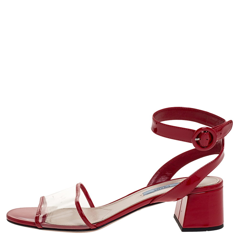 

Prada Red Patent and PVC Ankle Strap Block Heel Sandals Size