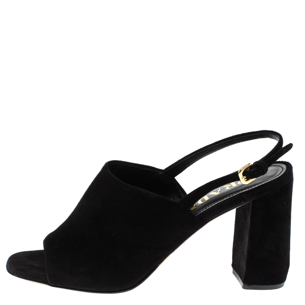 

Prada Black Suede Slingback Block Heel Open Toe Sandals Size