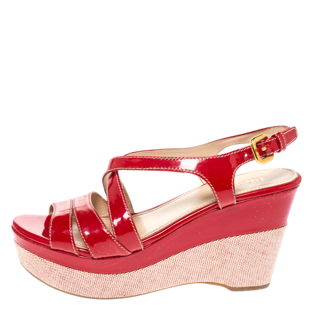 

Prada Red Patent Leather Platform Wedge Sandals Size