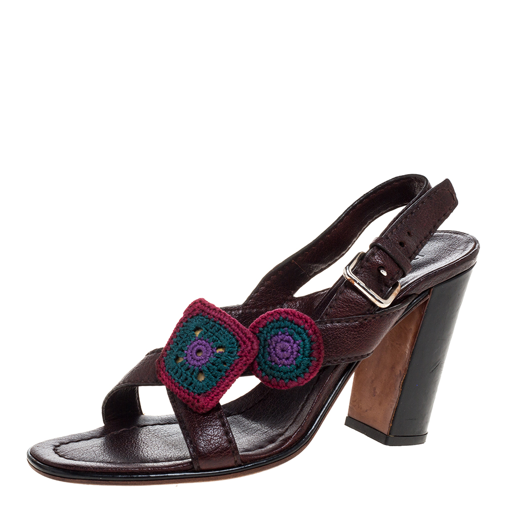 

Prada Brown Leather Embellished Cross Strap Slingback Sandals Size