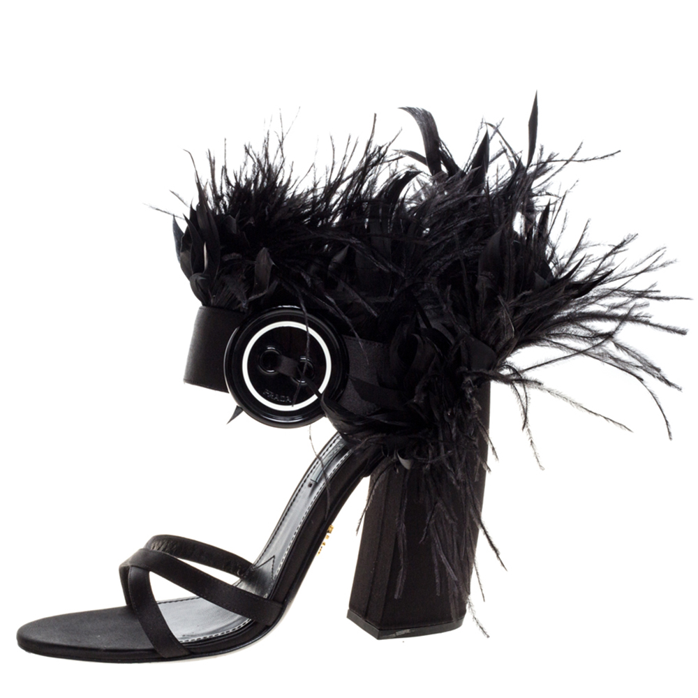 

Prada Black Satin Ostrich Feather Trim Block Heel Sandals Size