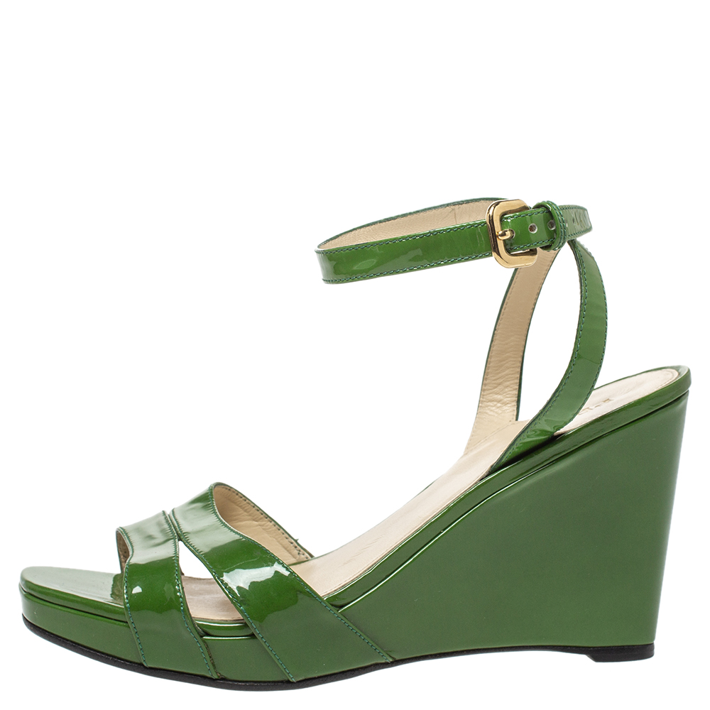 

Prada Green Patent Leather Wedge Platform Ankle Strap Sandals Size