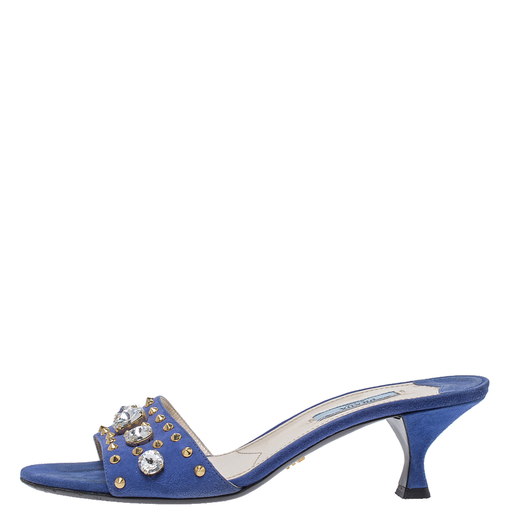 

Prada Blue Suede Crystal Embellished Open Toe Sandals Size