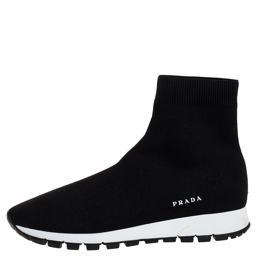 

Prada Black Knit Fabric High Top Slip On Sneakers Size