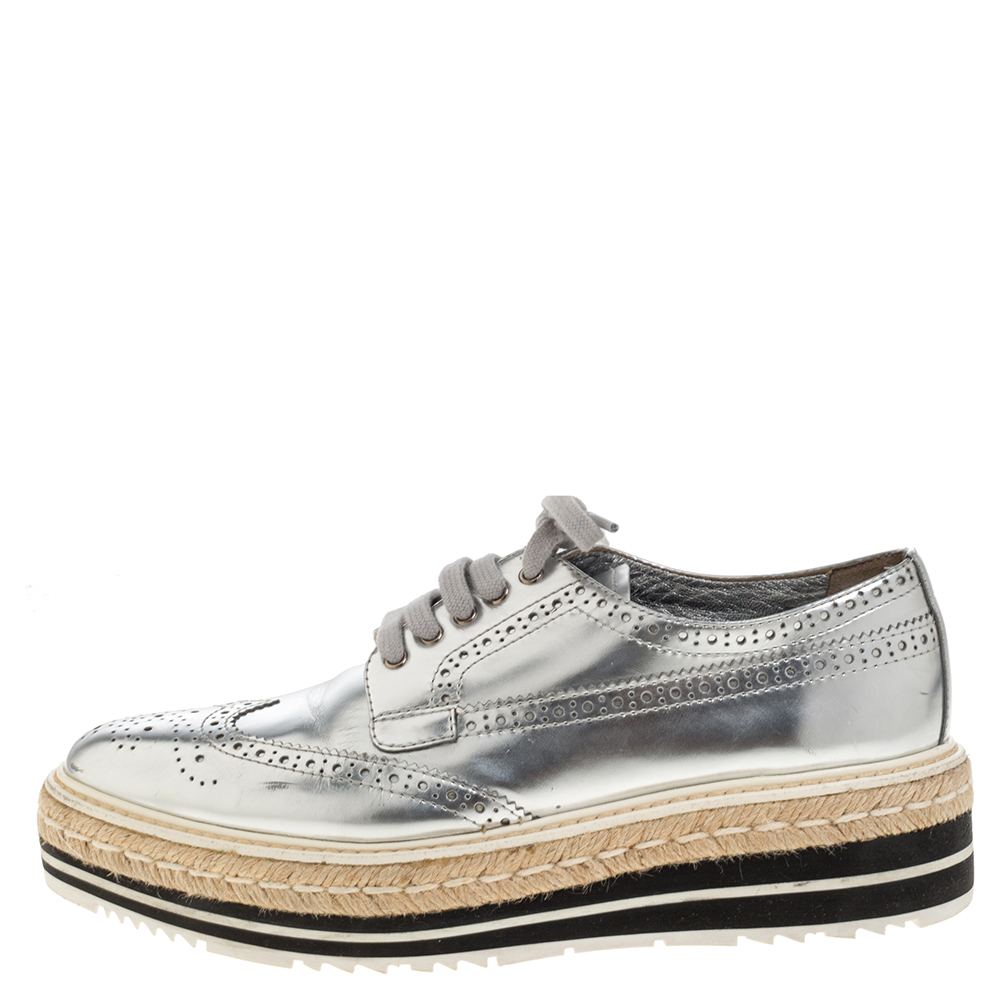 

Prada Silver Glossy Brogue Leather Derby Espadrille Sneakers Size