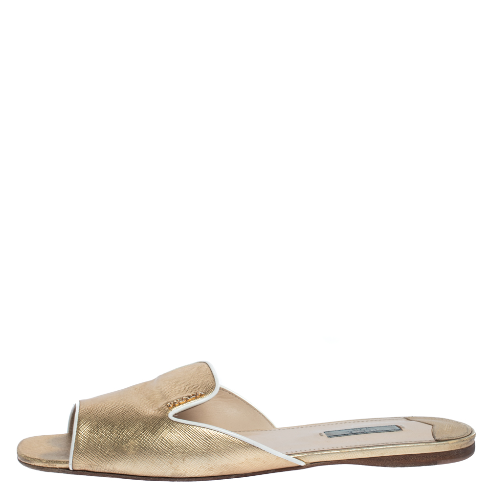 

Prada Metallic Gold Saffiano Leather Flat Slides Size